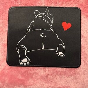 Black mouse pad featuring French bulldog with a red heart.  New